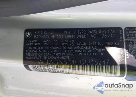 2001 BMW 330Ci from USA, damaged, VIN WBABN53401JU36247